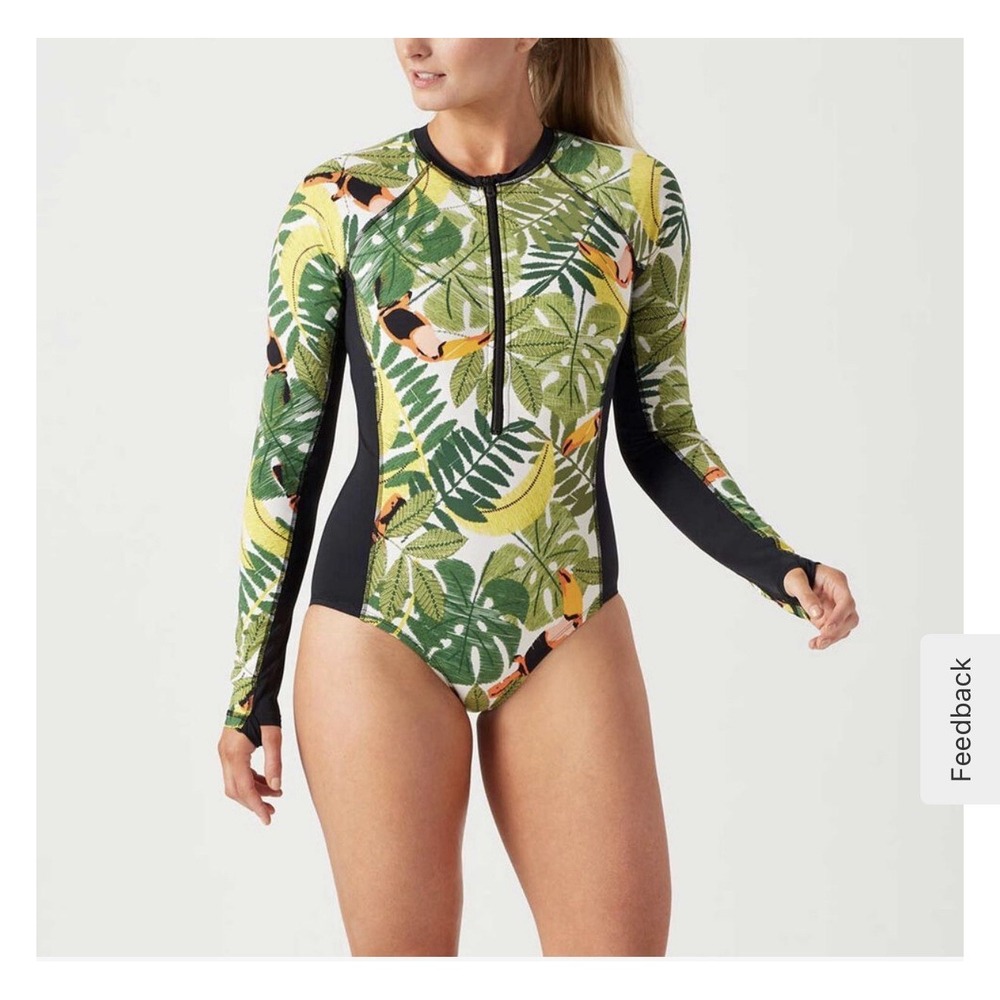 Duluth One Piece Suit Up Swim Built in Bra Long Sleeve Tropical Toucan Sz 8